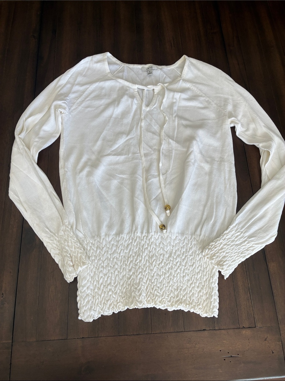 Cache White Long-Sleeve Tie-Neck Smocked-Hem Blouse